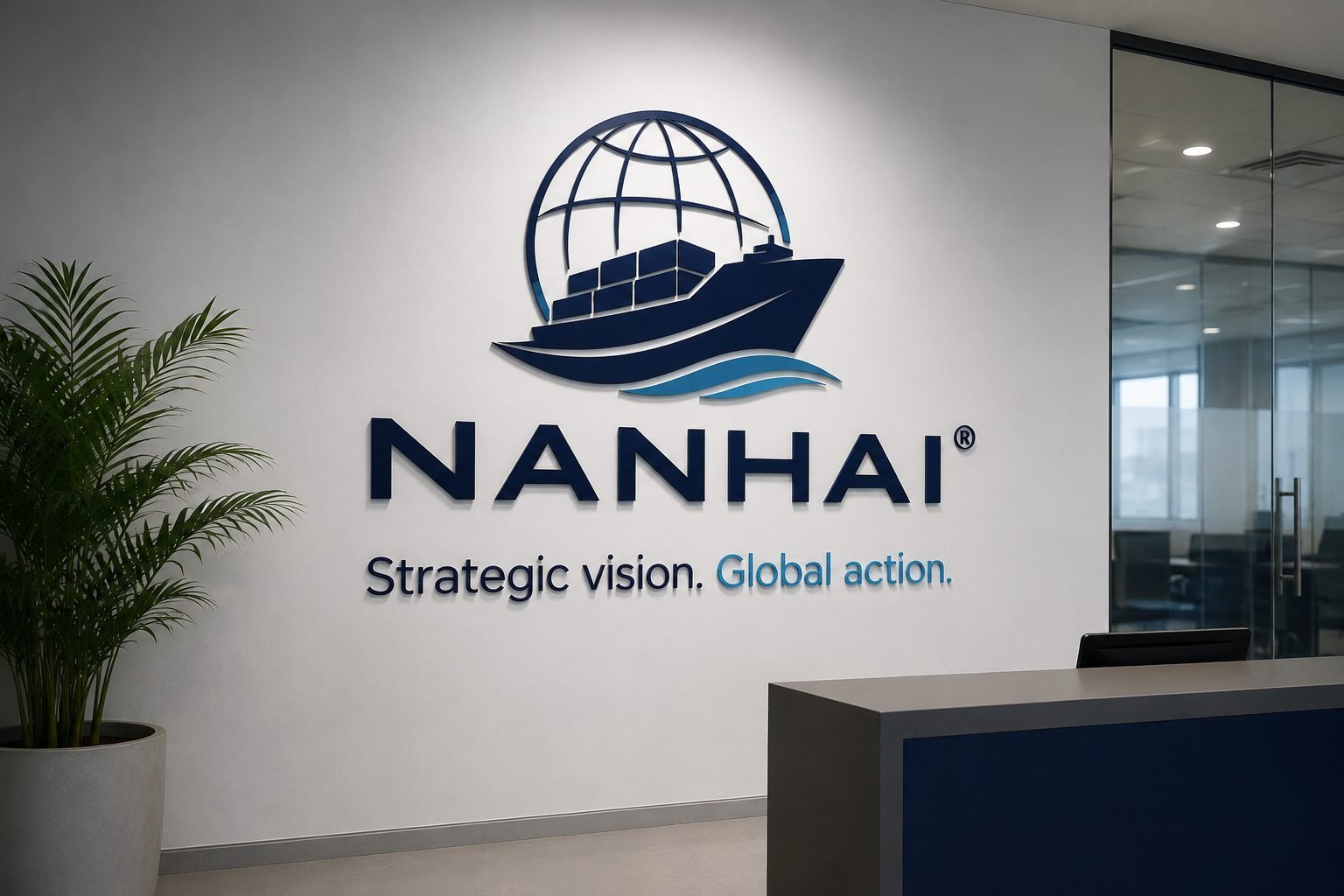 Recepção da sede da Nanhai Logística Internacional com o logotipo na parede