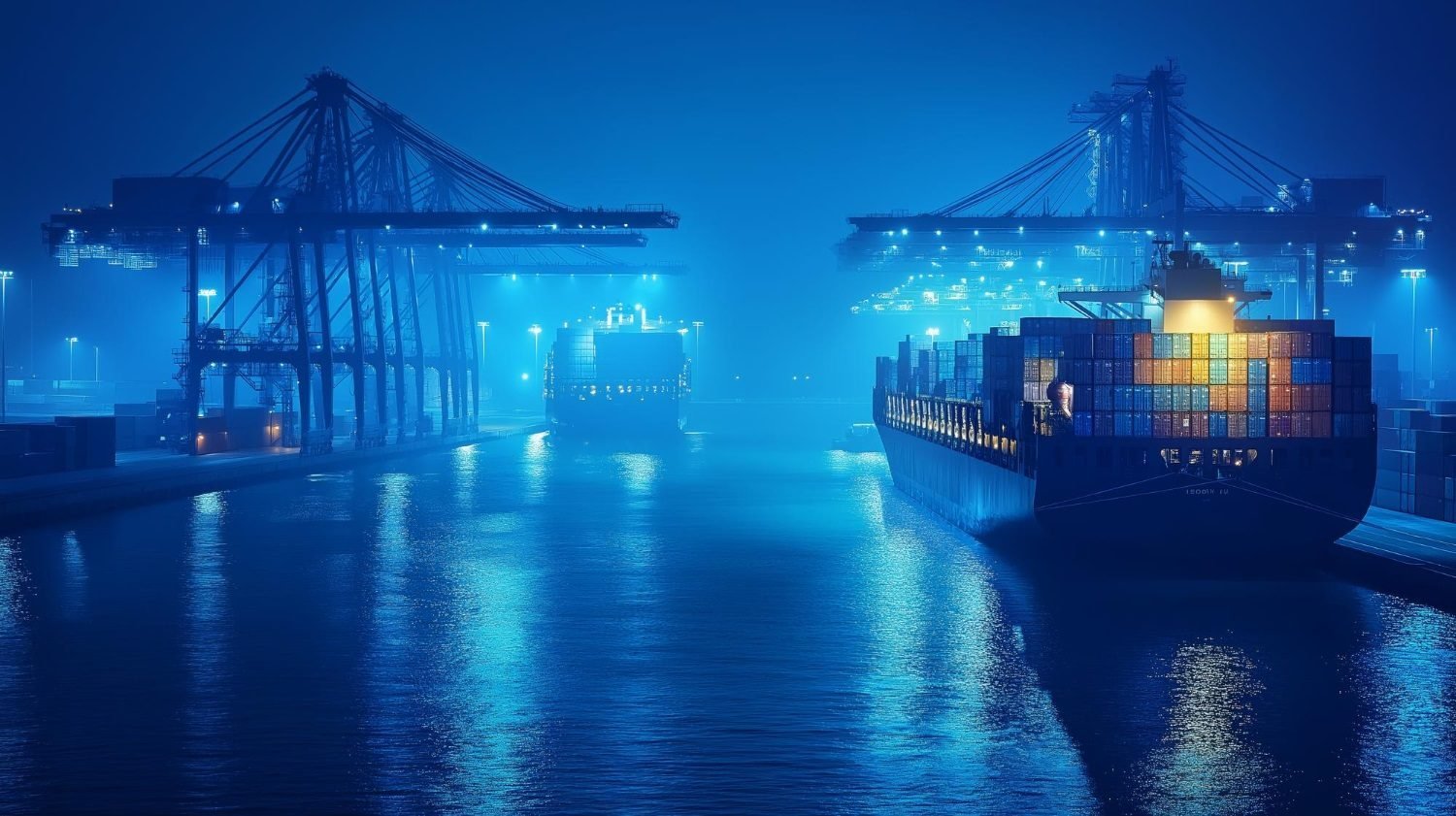 Porto com guindastes e navio de contêineres à noite