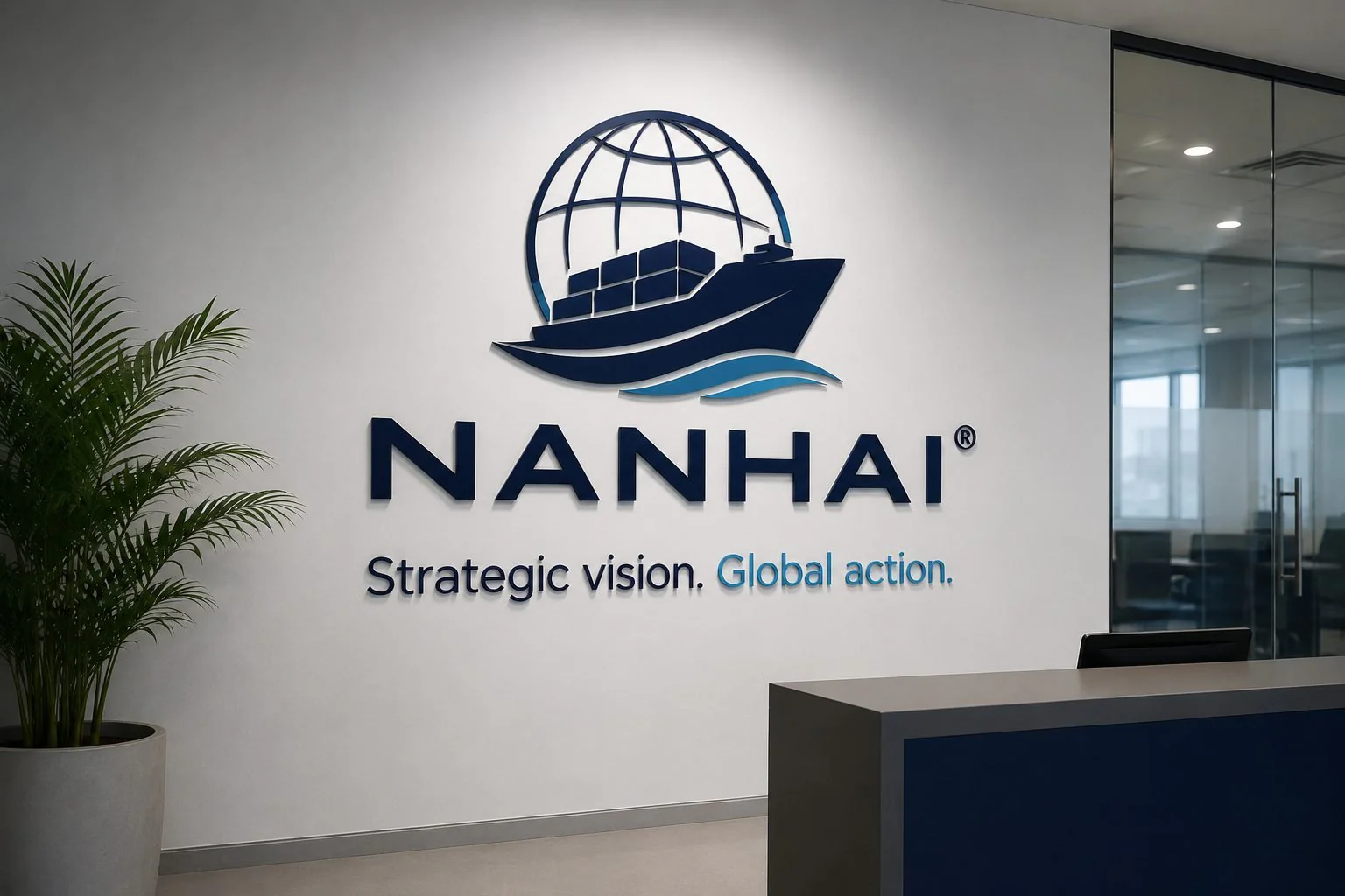 Recepção da sede da Nanhai Logística Internacional com o logotipo na parede