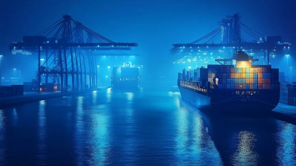 Porto com guindastes e navio de contêineres à noite