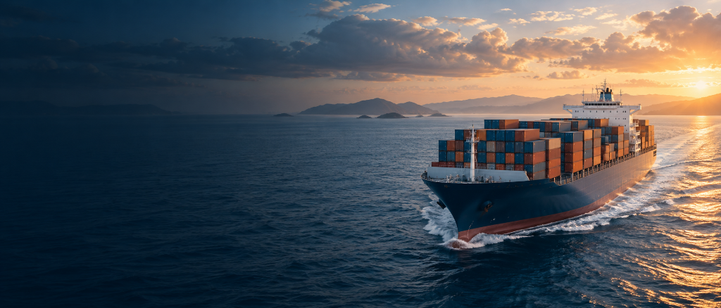 Navio porta-contêineres em rota ao pôr do sol – transporte marítimo internacional
